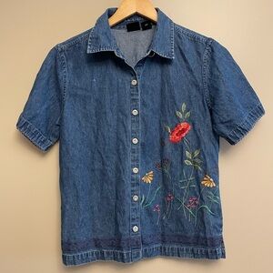 Erika Floral Denim Blouse Button Up Size Small